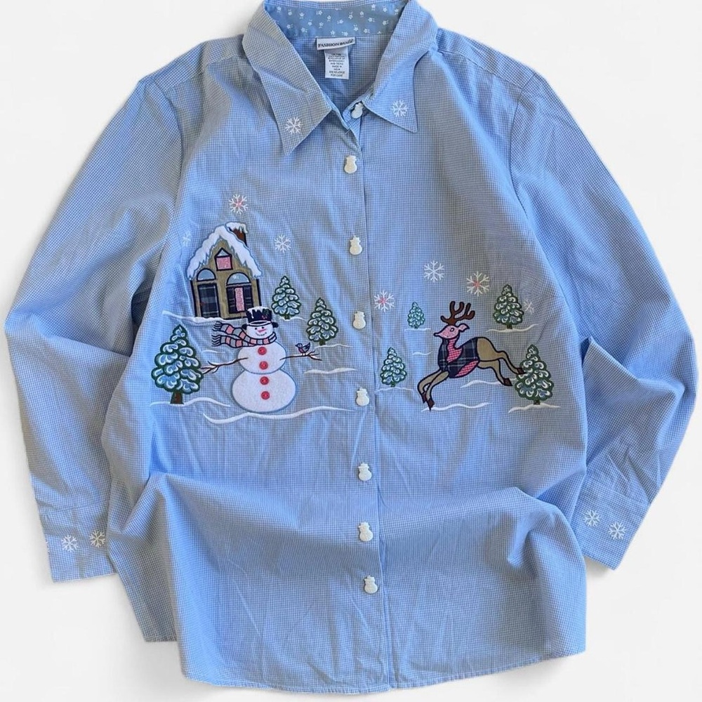 Vintage Fashion Bug Blue Stripes Button Down Shirt Embroidered Christmas Snowman